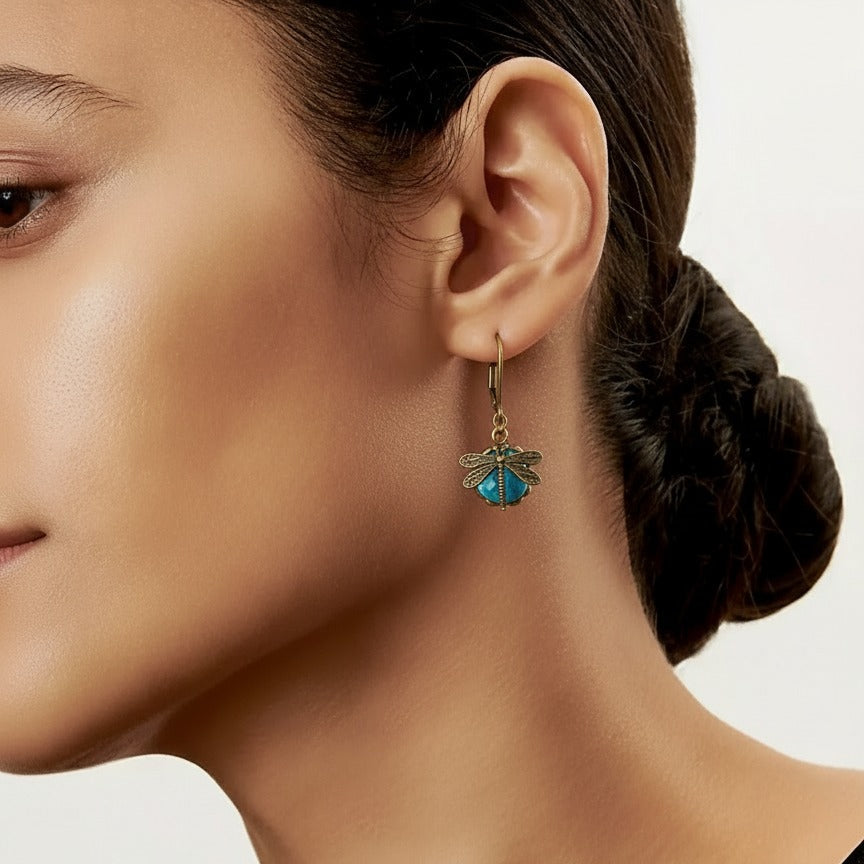 Cercei Libelulă cu Cristal în Aur Antic